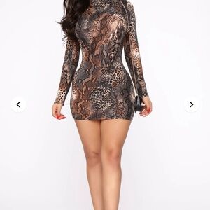 Fashion Nova Brown Animal Print Long Sleeve Dress